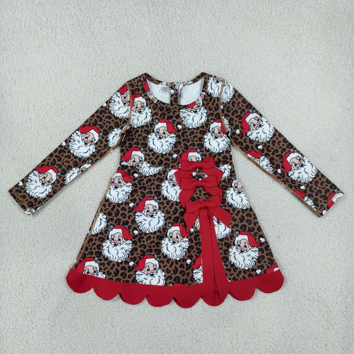 NEW RTS NO MOQ yoga fabric GLD1679 Baby Girls Leopard Santa Christmas Bows Scallop Yoga Active Knee Length Dress