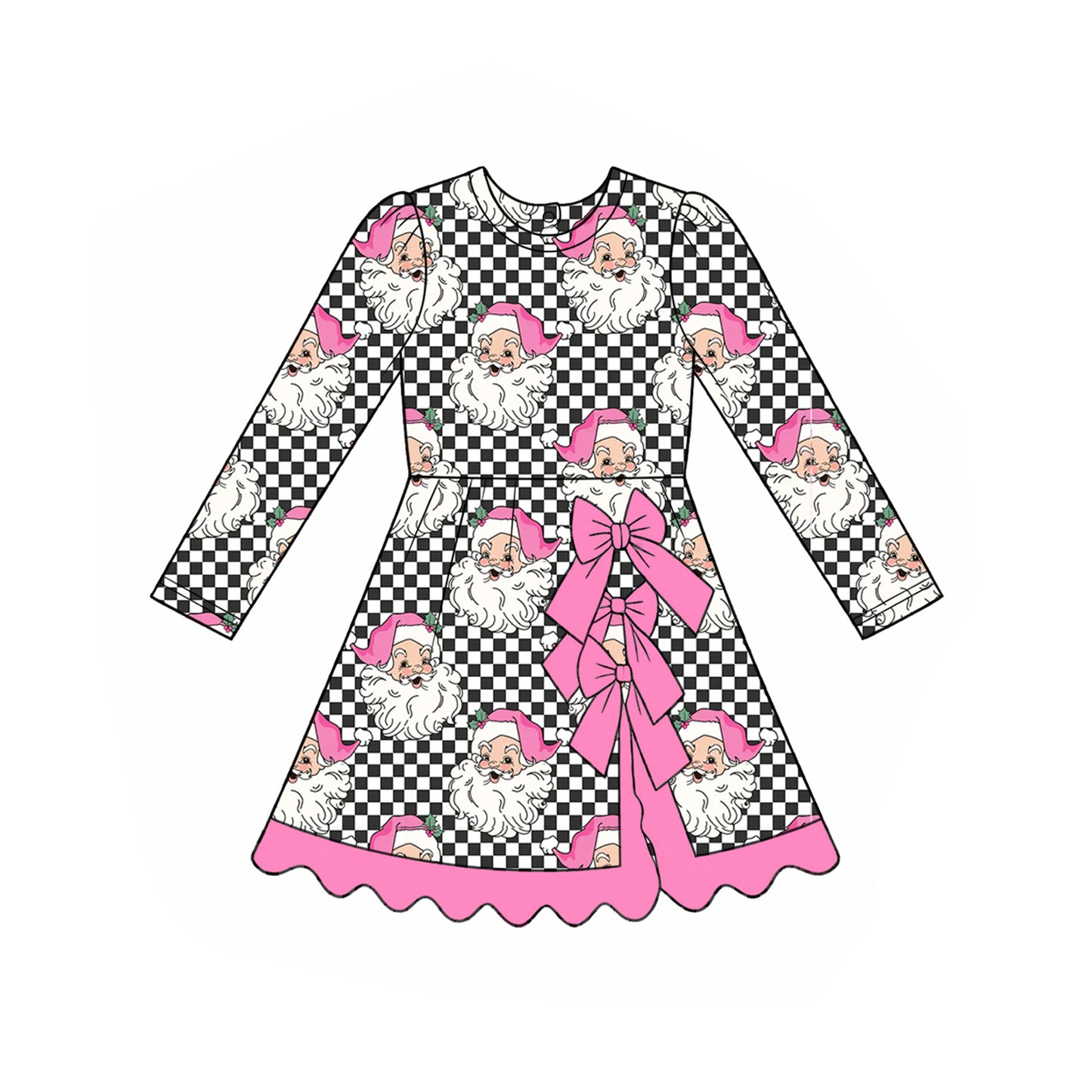 (Preorder new) No moq Baby Girls Black Checked Santa Print Long Sleeve Top Flare Pants Set Yoga Active Knee Length Dress