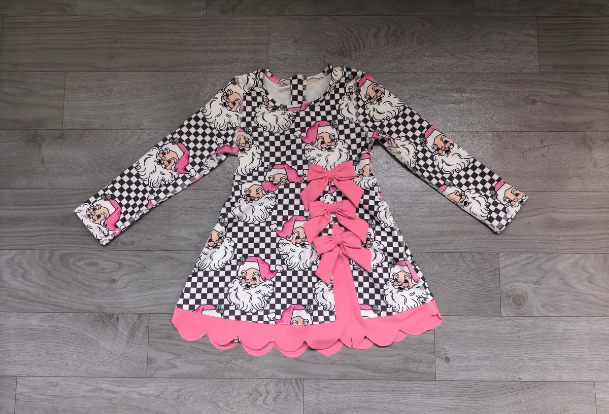 (Sample) No moq yoga fabric GLD1680 Yoga Baby Girls Black Checked Santa Print Bows Scallop Yoga Active Knee Length Christmas Dress
