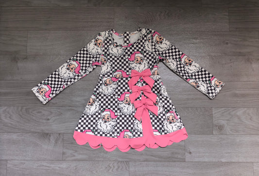 (Sample) No moq yoga fabric GLD1680 Yoga Baby Girls Black Checked Santa Print Bows Scallop Yoga Active Knee Length Christmas Dress