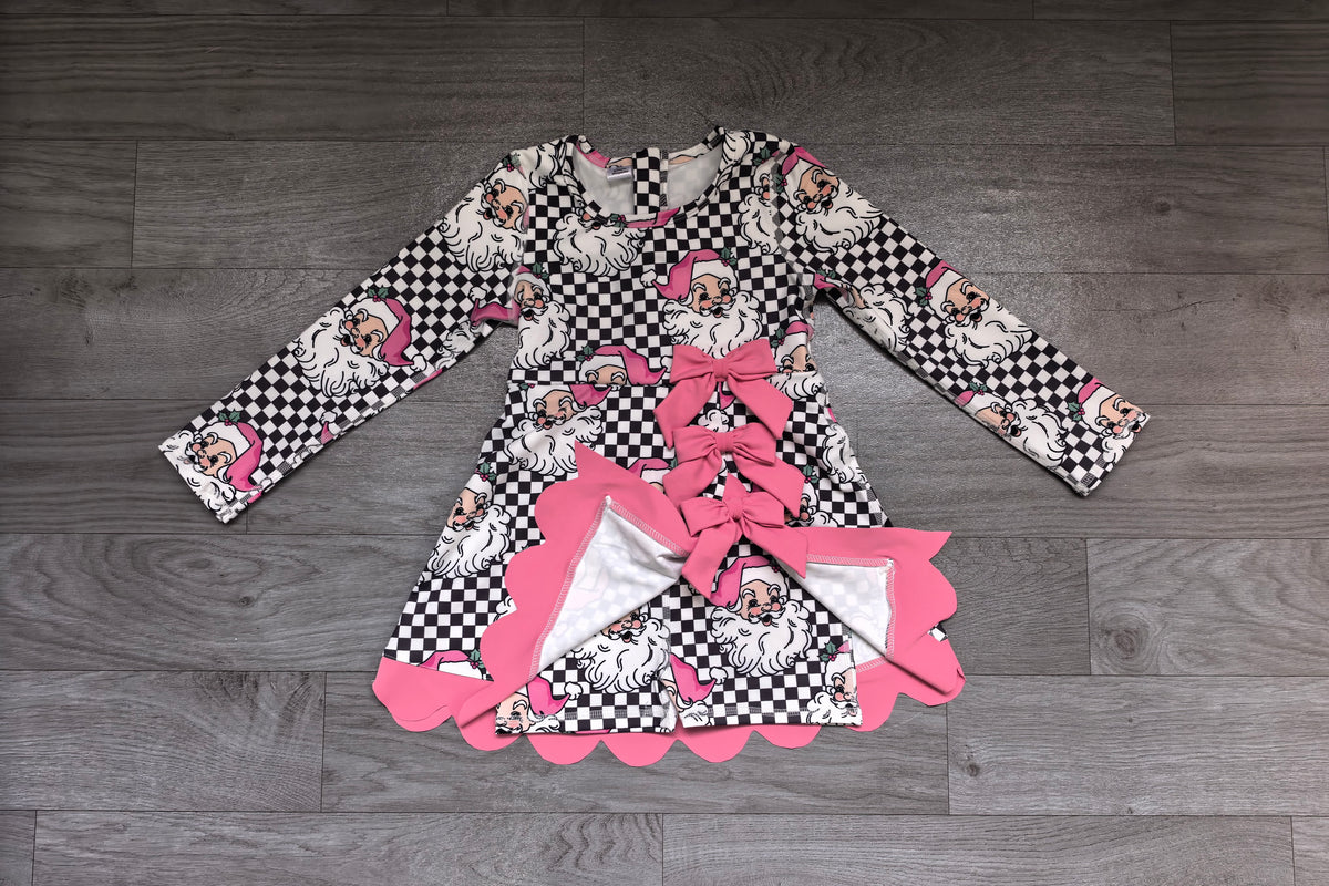 (Sample) No moq yoga fabric GLD1680 Yoga Baby Girls Black Checked Santa Print Bows Scallop Yoga Active Knee Length Christmas Dress