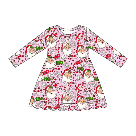 (Preorder new) No moq GLD1681 Baby Girls Candy Cane Santa Print Scallop Trim Long Sleeve Knee Length Christmas Holiday Dress