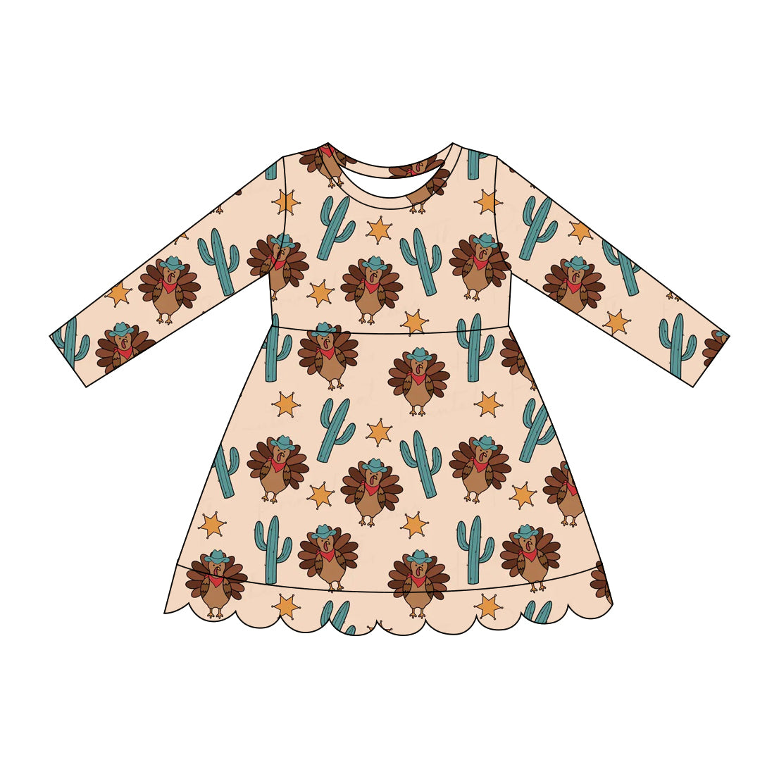 (Preorder new) No moq GLD1682 Baby Girls Cactus Turkey Print Scallop Trim Long Sleeve Knee Length Thanksgiving Holiday Dress