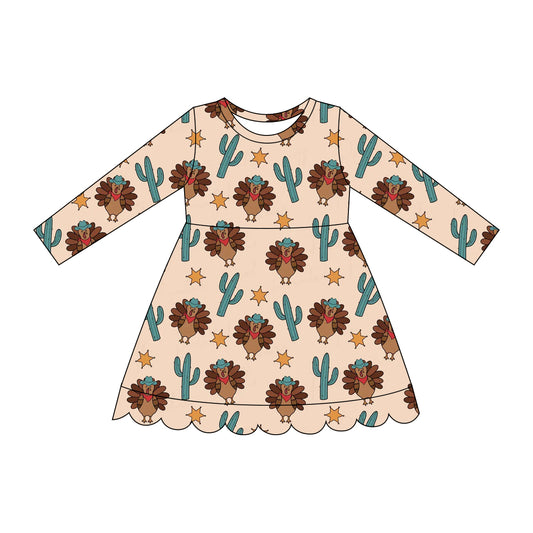 (Preorder new) No moq GLD1682 Baby Girls Cactus Turkey Print Scallop Trim Long Sleeve Knee Length Thanksgiving Holiday Dress