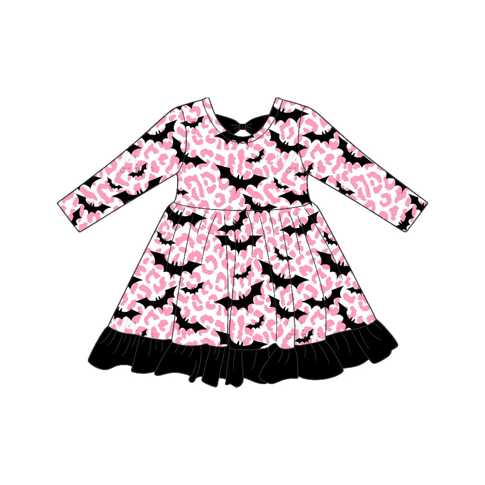 (Preorder new) No moq GLD1683 Baby Girls Leopard Bat Print Ruffle Long Sleeve Knee Length Halloween Holiday Dress