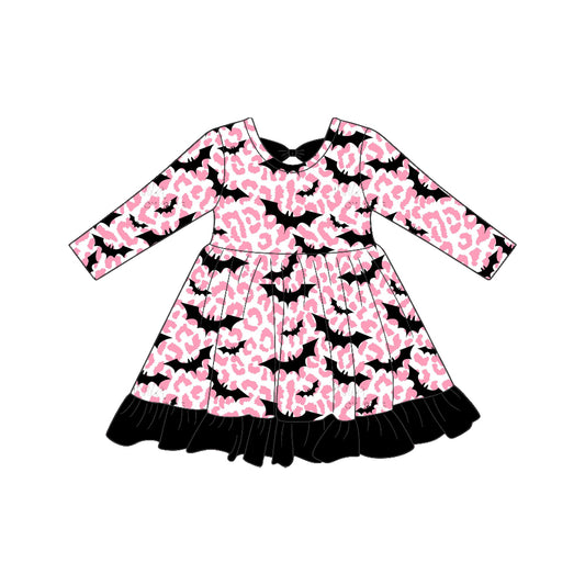 (Preorder new) No moq GLD1683 Baby Girls Leopard Bat Print Ruffle Long Sleeve Knee Length Halloween Holiday Dress