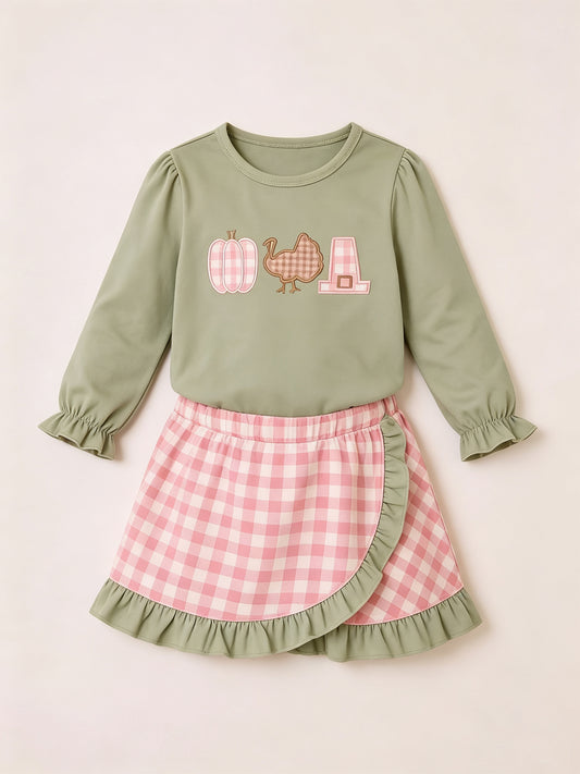 (Preorder new) No moq GLD1684 Baby Girls Green Pumpkin Turkey Print Long Sleeve Top Plaid Skirt Clothes Set