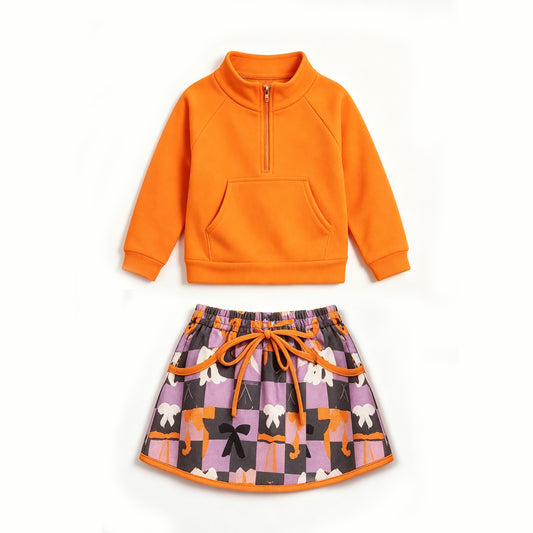 (Preorder new) No moq GLD1687 Yoga Baby Girls Orange Zip Pocket Long Sleeve Top Ghost Bow Print Short Yoga Skirt Halloween Active Outfit