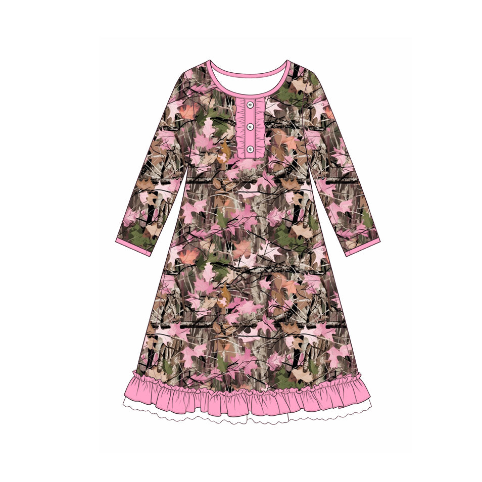 (Preorder new) No moq GLD1688 Baby Girls Pink Brown Leaf Camo Print Button Front Ruffle Knee Length Casual Dresses
