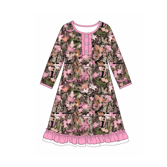 (Preorder new) No moq GLD1688 Baby Girls Pink Brown Leaf Camo Print Button Front Ruffle Knee Length Casual Dresses