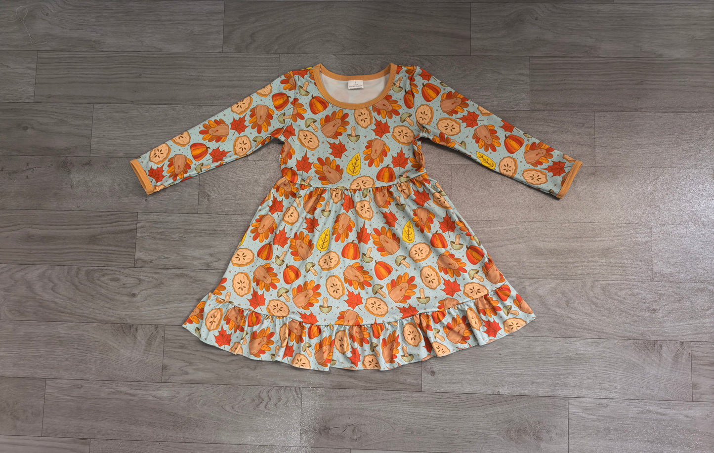 (Sample) No moq milk silk GLD1692 Baby Girls Pumpkins Turkey Thanksgivings Ruffle Knee Length Dress