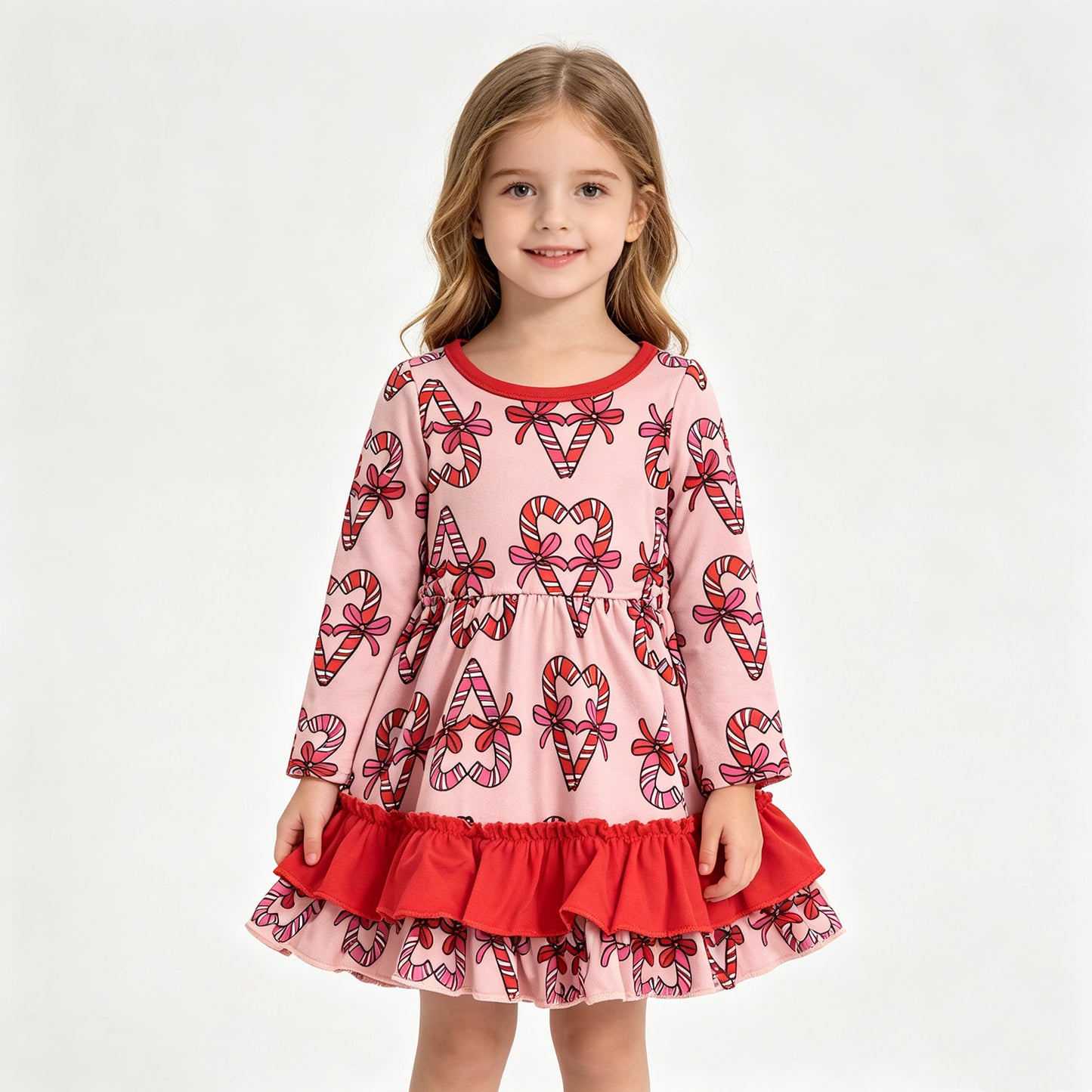 (Sample) No moq milk silk GLD1695 Baby Girls Bows Candy Cane Christmas Ruffle Knee Length Holiday Dress