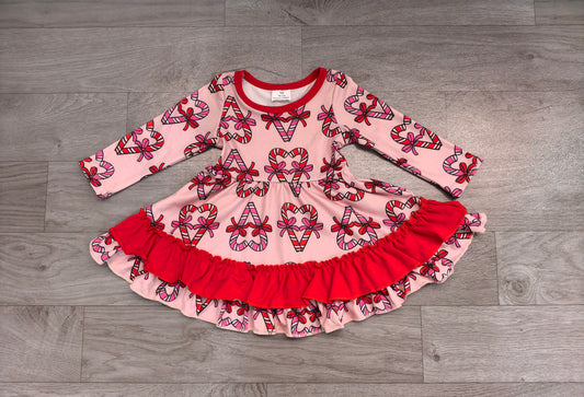 (Sample) No moq milk silk GLD1695 Baby Girls Bows Candy Cane Christmas Ruffle Knee Length Holiday Dress