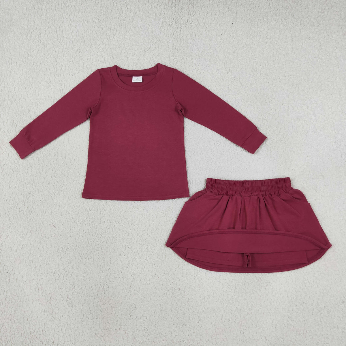 NEW RTS NO MOQ cotton GLD1697 Baby Girls Plum Long Sleeve Top Pockets Skirt Short Sets