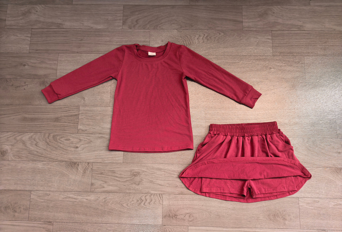 (Sample) No moq cotton GLD1697 Baby Girls Plum  Long Sleeve Top Pockets Skirt Short 2Pcs Clothes Sets