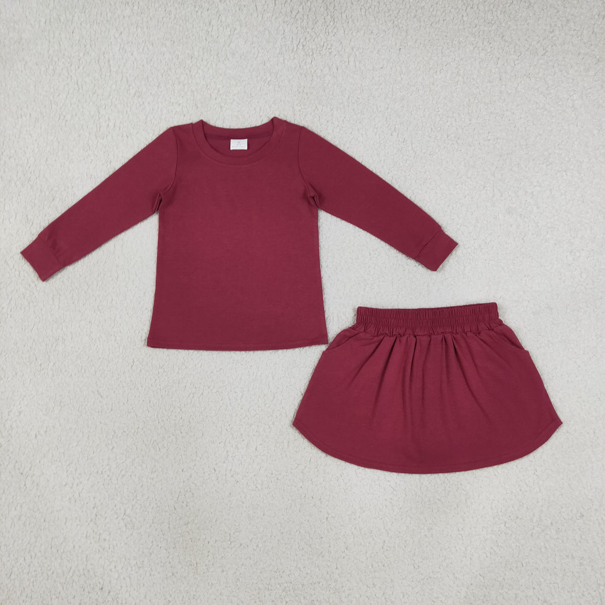 NEW RTS NO MOQ cotton GLD1697 Baby Girls Plum Long Sleeve Top Pockets Skirt Short Sets