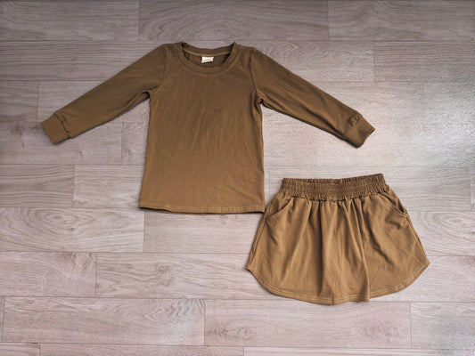 (Sample) No moq cotton GLD1698 Baby Girls Olive Long Sleeve Top Pockets Skirt Short 2Pcs Clothes Sets
