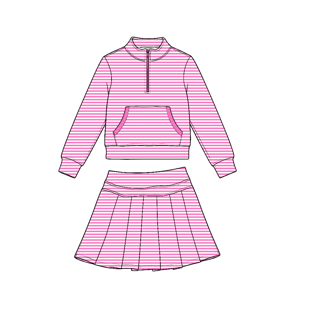 (Preorder new) No moq Yoga Toddler Girls Stripe Zip Front Pocket Long Sleeve Pullover Top Pleated Skirt Yoga Active Outfit Set