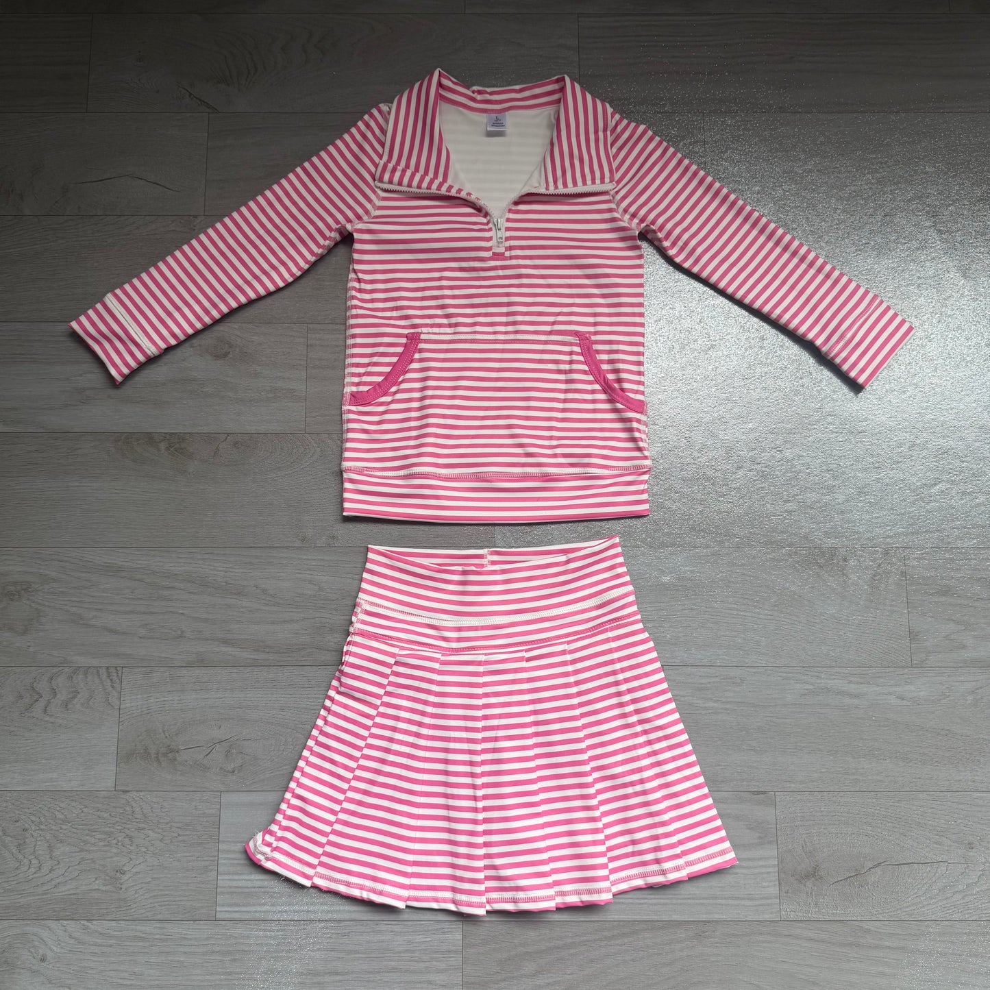 (Sample) No moq yoga fabric GLD1699(GT1783+GLK0335) Yoga Baby Girls Pink White Striped Half Zip Pocket Long Sleeve Top And Skort Yoga Active Clothes Set
