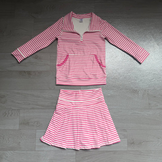 (Sample) No moq yoga fabric GLD1699(GT1783+GLK0335) Yoga Baby Girls Pink White Striped Half Zip Pocket Long Sleeve Top And Skort Yoga Active Clothes Set