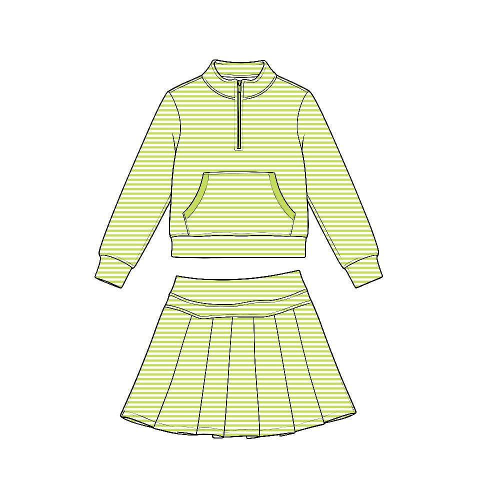 (Preorder new) No moq Yoga Toddler Girls Stripe Zip Front Pocket Long Sleeve Pullover Top Pleated Skirt Yoga Active Outfit Set