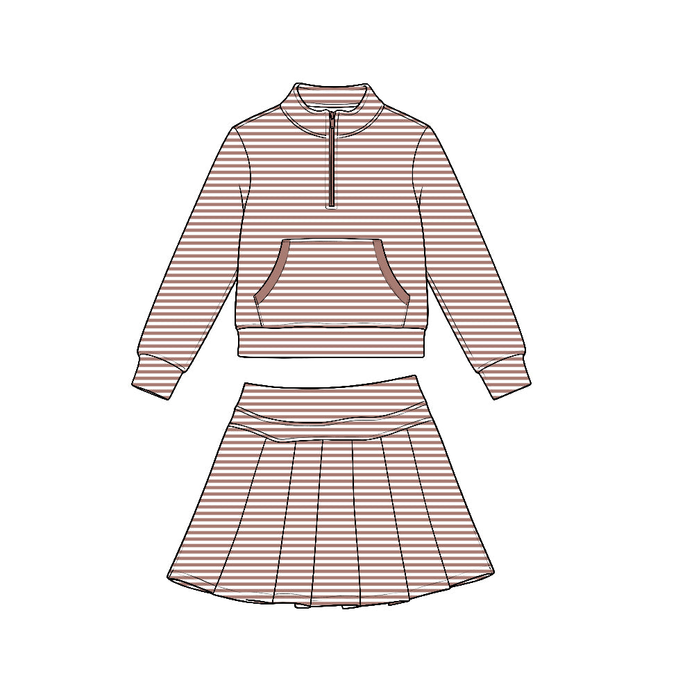 (Preorder new) No moq Yoga Toddler Girls Stripe Zip Front Pocket Long Sleeve Pullover Top Pleated Skirt Yoga Active Outfit Set