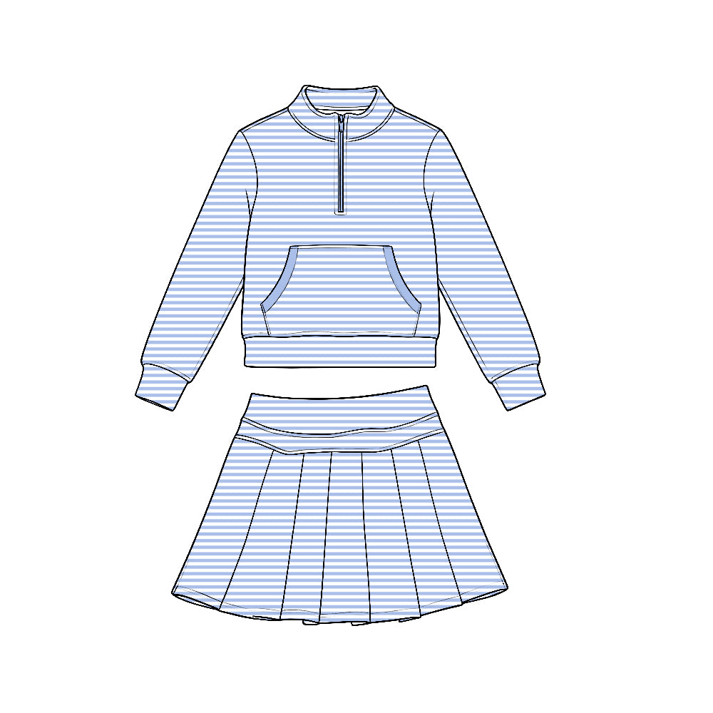 (Preorder new) No moq Yoga Toddler Girls Stripe Zip Front Pocket Long Sleeve Pullover Top Pleated Skirt Yoga Active Outfit Set