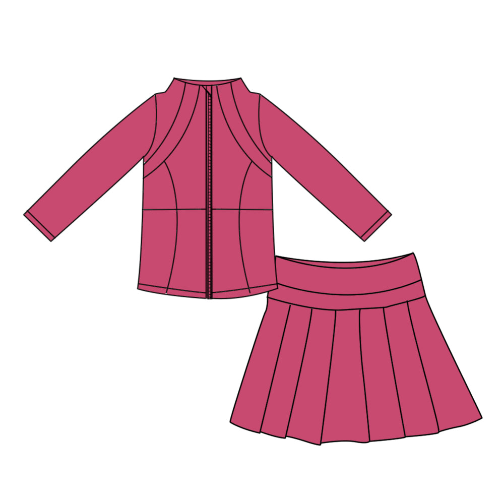 (Preorder new) No moq GLD1703 Yoga Toddler Girls Hot pink Zip  Long Sleeve Top Skorts Bottom Pleated Skirts Yoga Clothes Set