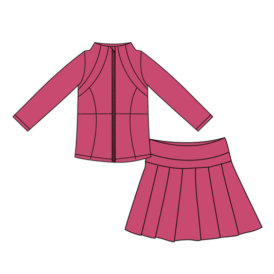 (Preorder new) No moq GLD1703 Yoga Toddler Girls Hot pink Zip  Long Sleeve Top Skorts Bottom Pleated Skirts Yoga Clothes Set