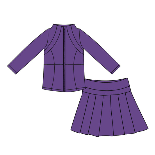 (Preorder new) No moq GLD1704 Yoga Toddler Girls Purple Zip  Long Sleeve Top Skorts Bottom Pleated Skirts Yoga Clothes Set