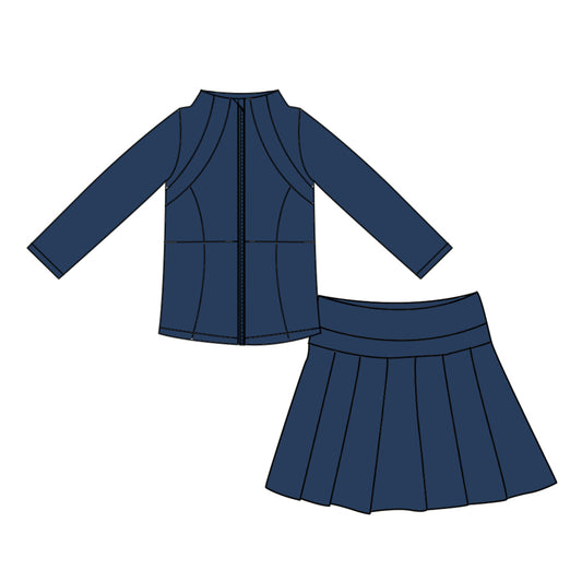 (Preorder new) No moq GLD1705 Yoga Toddler Girls Navy Blue Zip  Long Sleeve Top Skorts Bottom Pleated Skirts Yoga Clothes Set