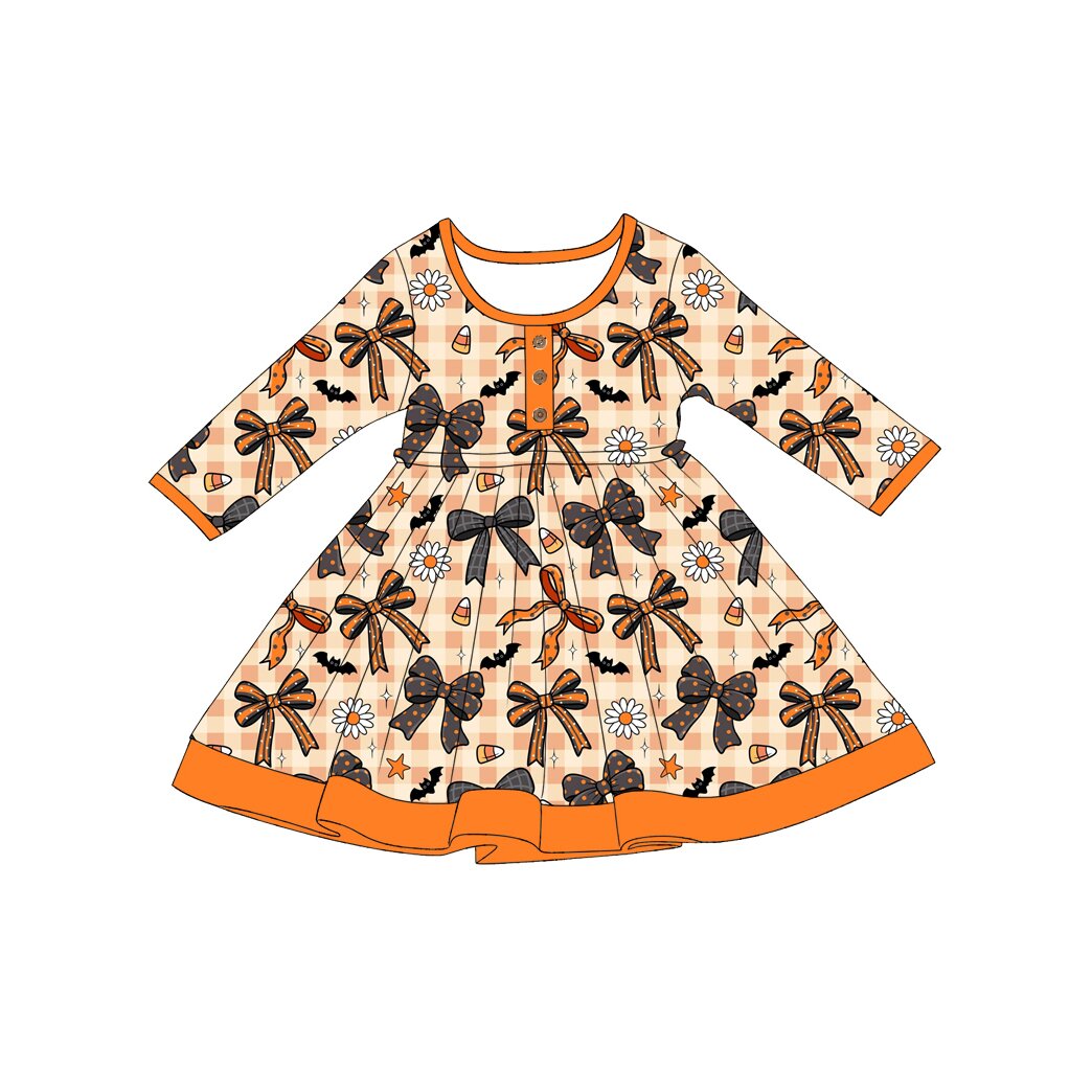 (Preorder new) No moq Baby Girls Halloween Plaid Bow Flower Print Tunic Top Ruffle Pant Set Dress Rompers