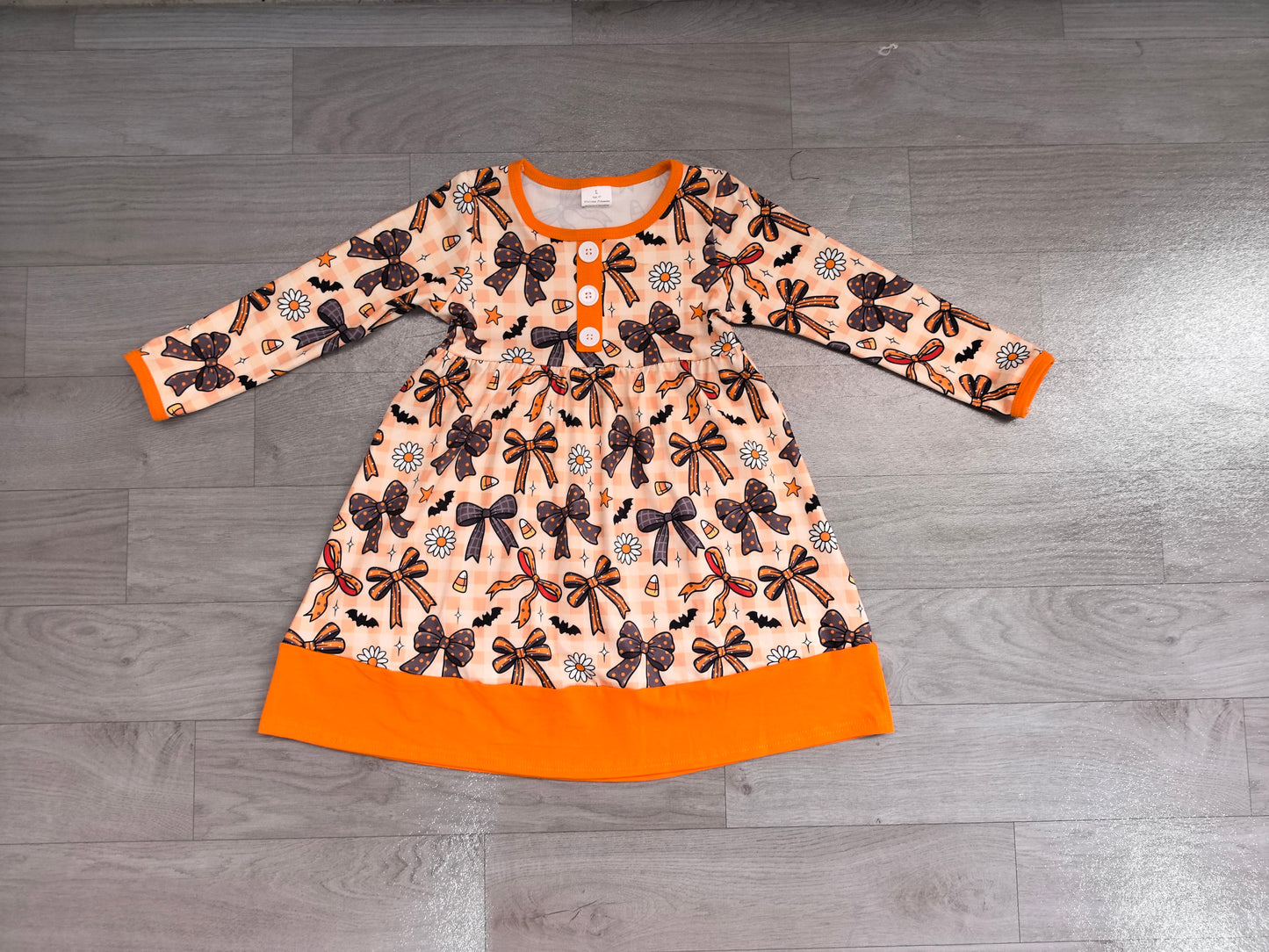 (Sample) No moq milk silk GLD1708 Baby Girls Halloween Floral Bat Print Button Front Ruffle Hem Knee Length Dress