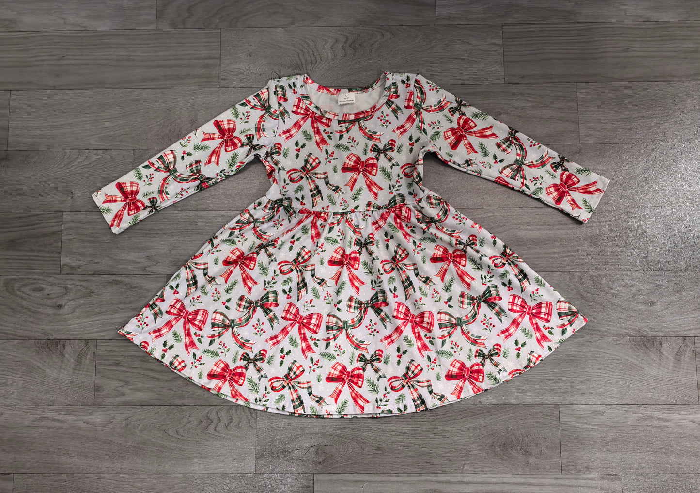 (Sample) No moq milk silk GLD1709  Baby Girls Green Red Plaid Check Print Bow Floral Long Sleeve Knee Length Christmas Casual Daily Dress