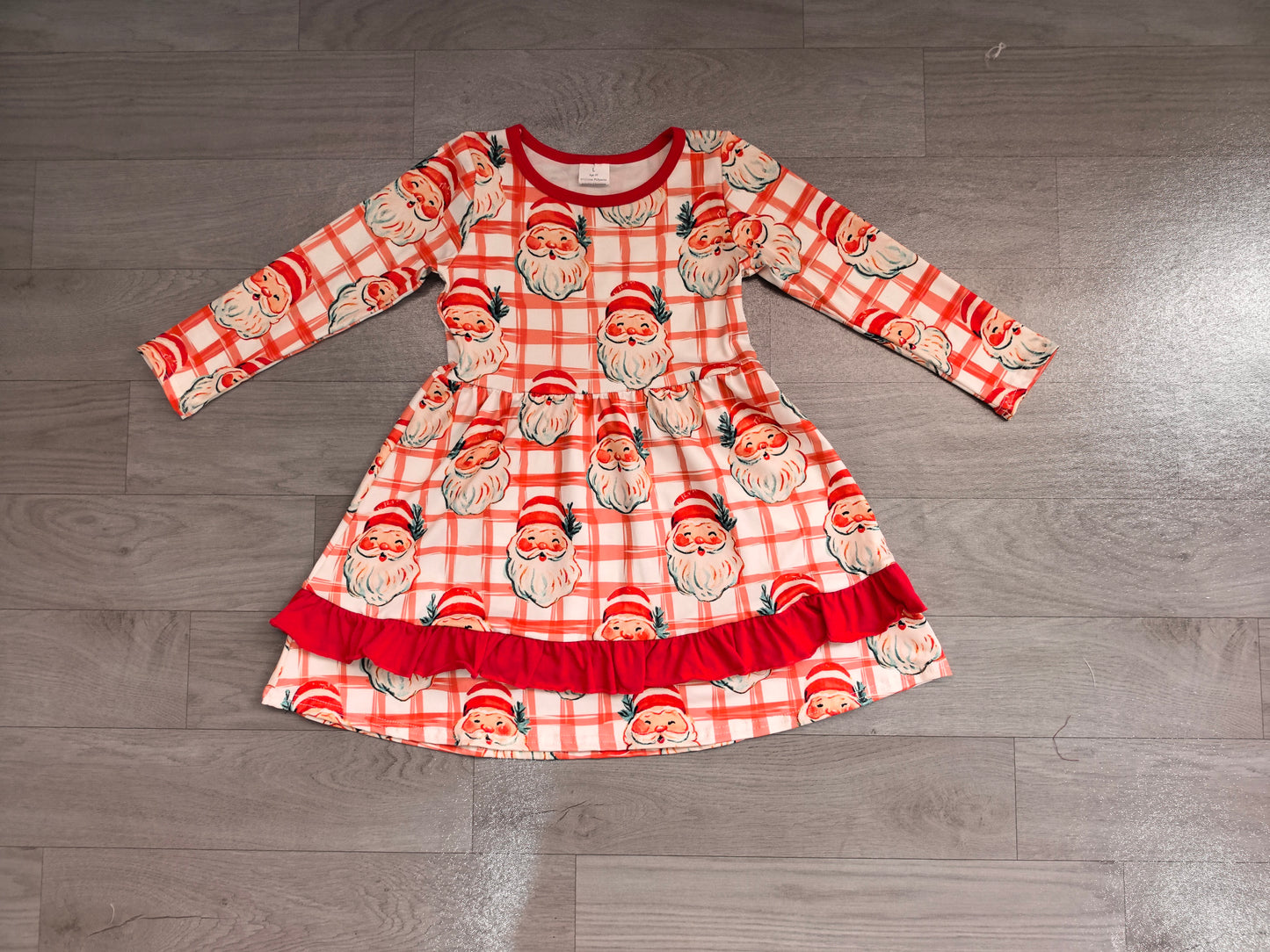 (Sample) No moq milk silk GLD1710 Baby Girls Red Plaid Santa Print Ruffle Hem Knee Length Christmas Dress