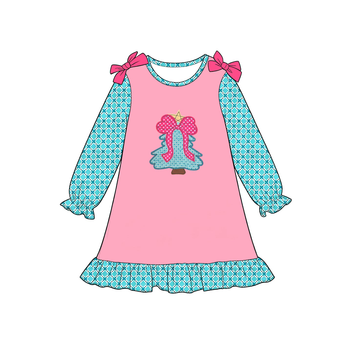(Preorder new) No moq Baby Girls Christmas Tree Print Long Sleeve Dress Rompers Casual Holiday Outfit