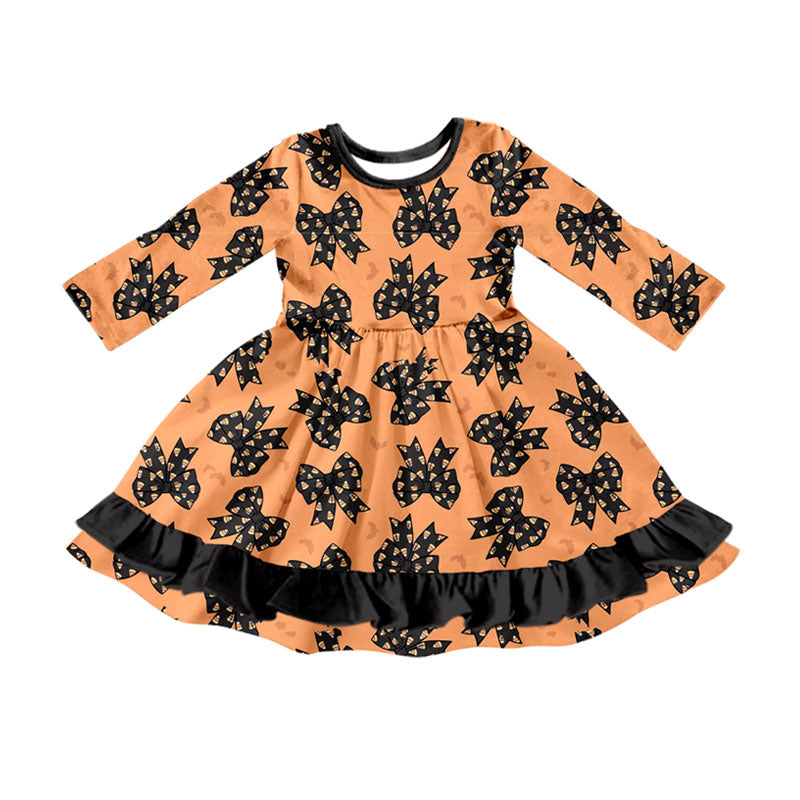 (Preorder new) No moq Baby Girls Orange Halloween Bow Print Long Sleeve Ruffle Top Ruffle Pant Pajamas Set Dress Rompers Blankets