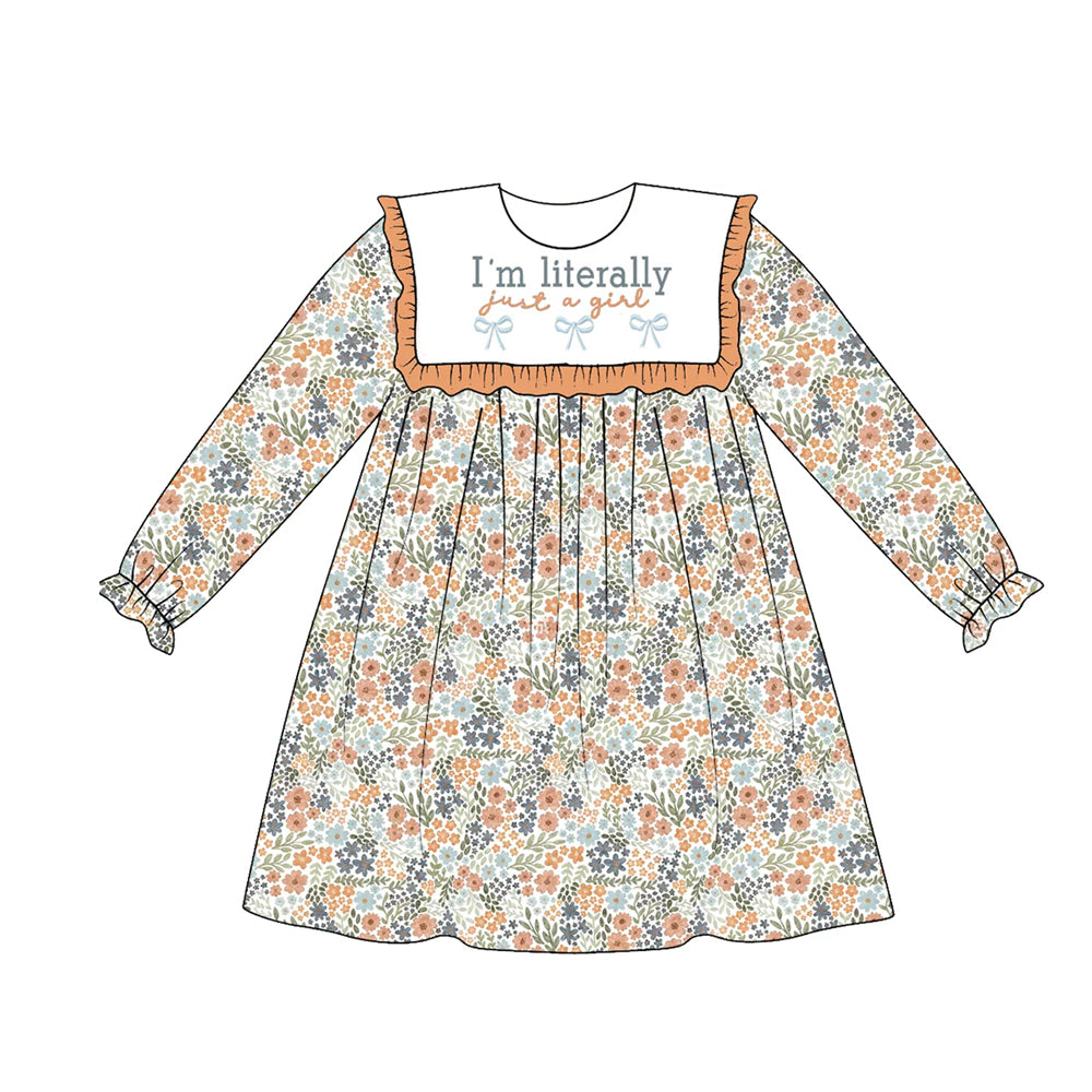 (Preorder new) No moq Baby Girls Fall Floral Print Long Sleeve Dress Letter Bow Ruffle Collar Dress Rompers