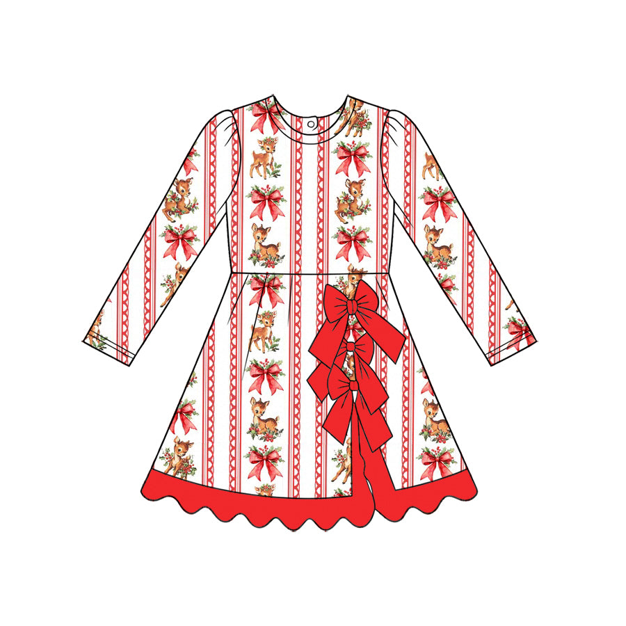 (Preorder new) No moq Baby Girls Christmas Deer Red Bow Stripe Print Long Sleeve Half Zip Top Skort Set Dress Adult Pant