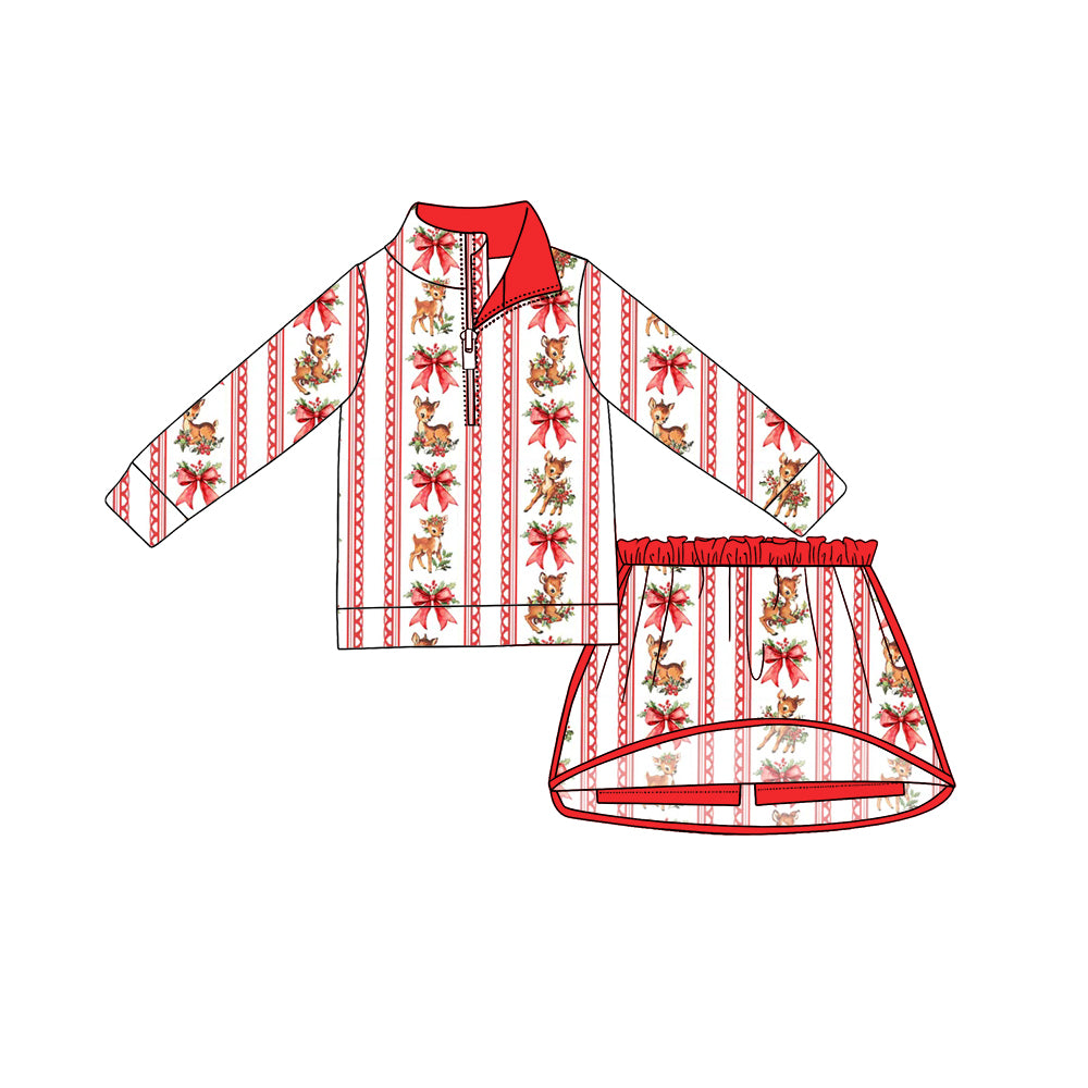(Preorder new) No moq Baby Girls Christmas Deer Red Bow Stripe Print Long Sleeve Half Zip Top Skort Set Dress Adult Pant