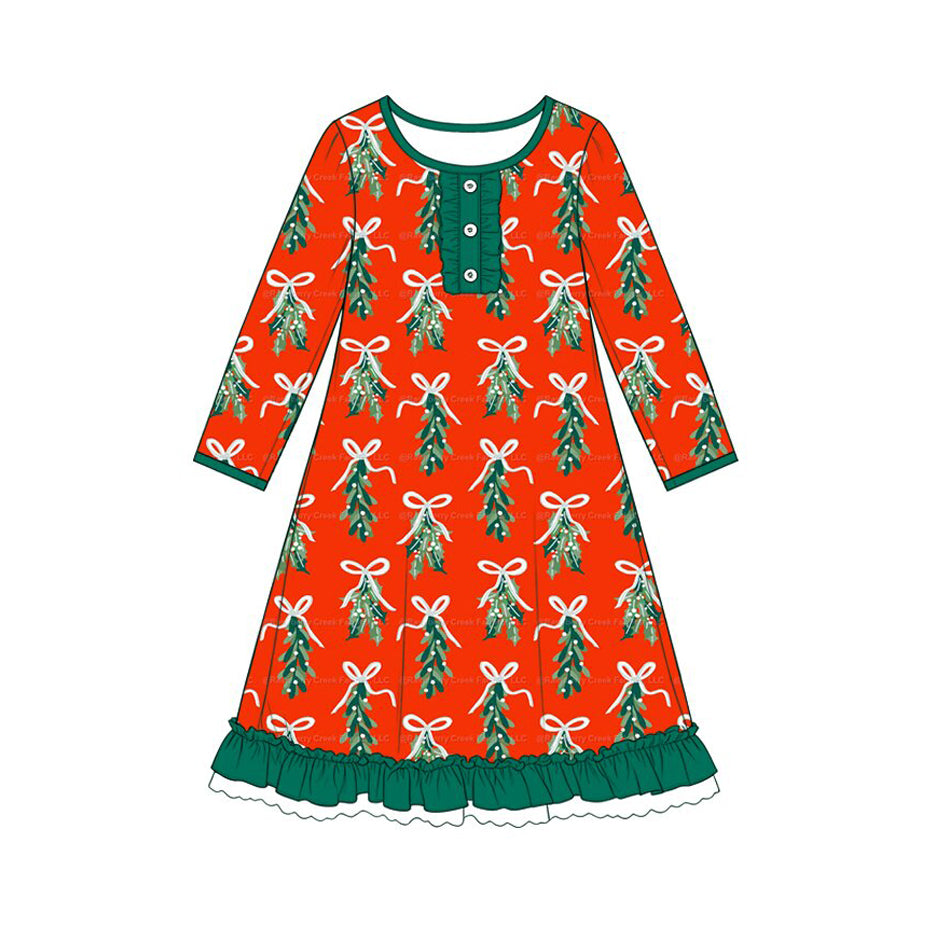 (Preorder new) No moq Baby Girls Christmas Bow Print Long Sleeve Top And Pants Pajama Set Rompers Dress Blankets Red Base Family Holiday Sleepwear