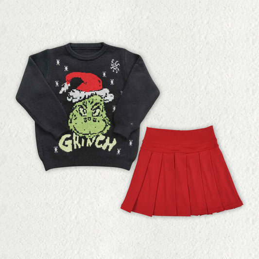 NEW RTS NO MOQ yoga fabric GLD1720（GT0188+GLK0125）Baby Girls Christmas Print Sweater Top Matching Red Pleated Skort Two Piece Clothes Set