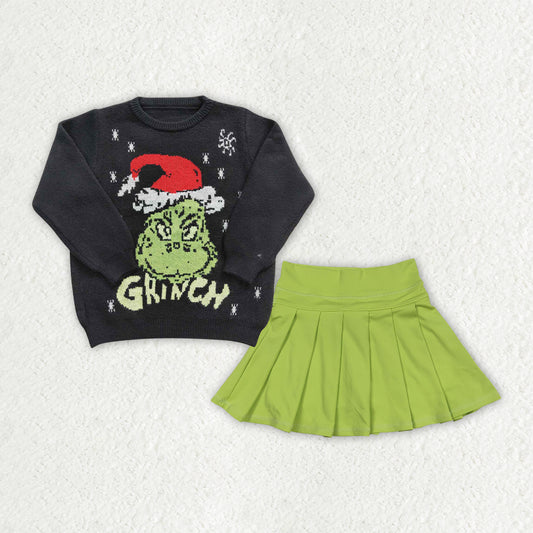 NEW RTS NO MOQ yoga fabric GLD1721（GT0188+GLK0081）Baby Girls Christmas Print Sweater Top Matching Green Pleated Skort Clothes Set