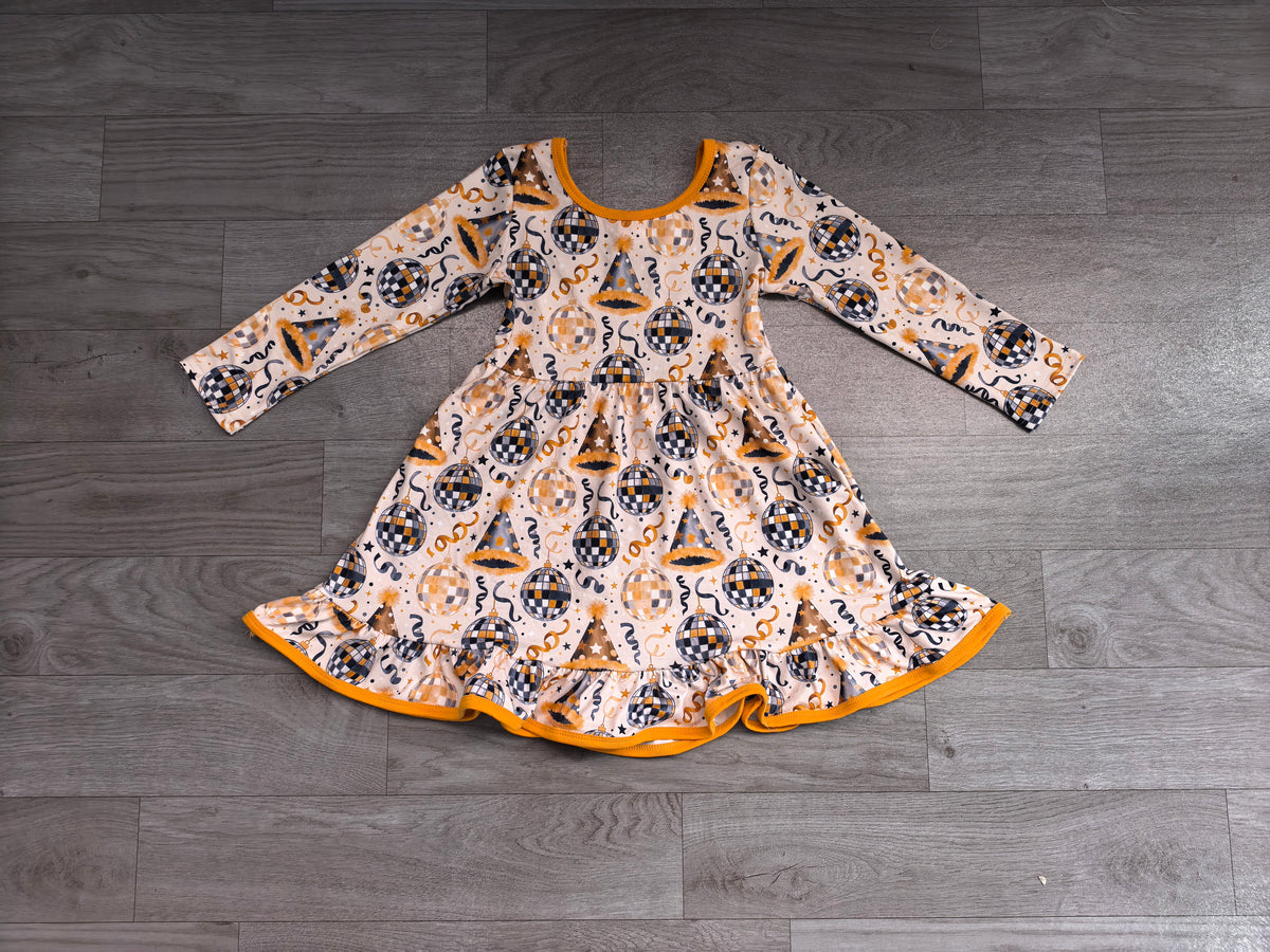 (Sample) No moq milk silk GLD1723 Baby Girls Stars Lights Happy New Year Ruffle Knee Length Dress