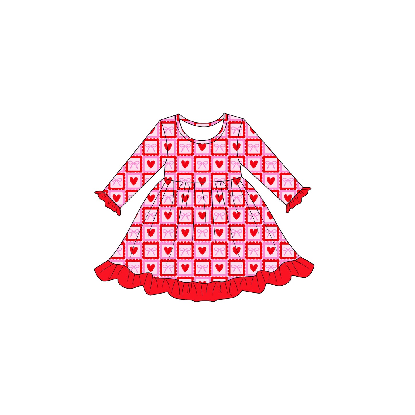 (Preorder new) No moq Girls Pink Red Heart Bow Check Outfit Set dress Baby Blanket