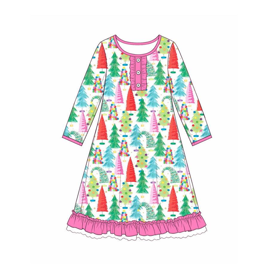 (Preorder new) No moq Baby girl Christmas Tree Print Kids Pajama Set Cute Nightgown Zipper romper