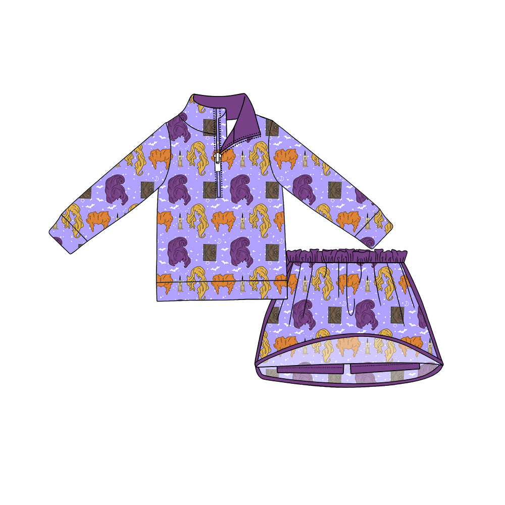 (Preorder new) No moq Baby Girls Halloween purple Outfit Quarter‑Zip Top Skirt Fuzzy Cuff Pajama Set Dress Zipper Romper