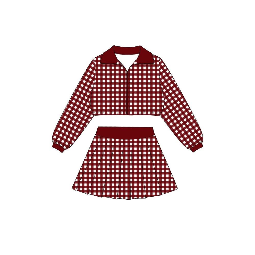 (Preorder new) No moq Yoga Baby Girls Checked Zip Jacket Top Pleated Skirt Yoga Active Clothes Set