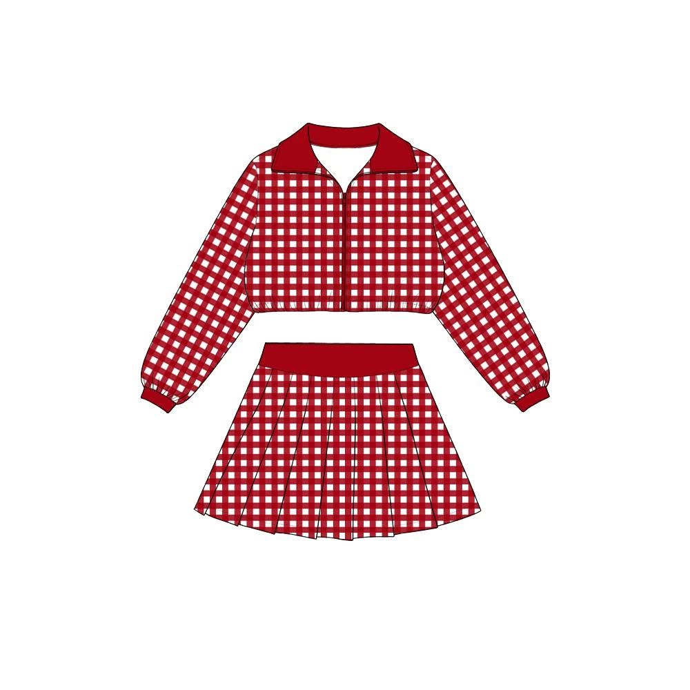 (Preorder new) No moq Yoga Baby Girls Checked Zip Jacket Top Pleated Skirt Yoga Active Clothes Set