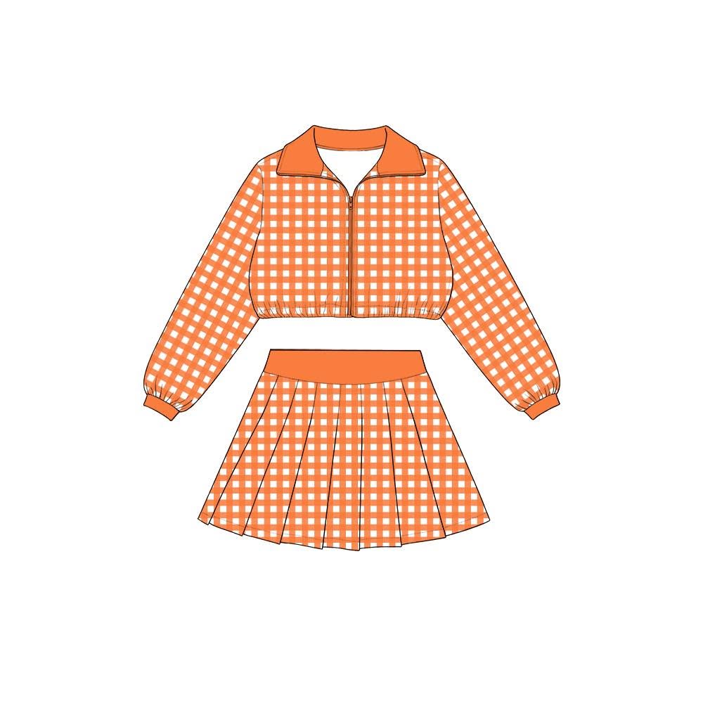 (Preorder new) No moq Yoga Baby Girls Checked Zip Jacket Top Pleated Skirt Yoga Active Clothes Set